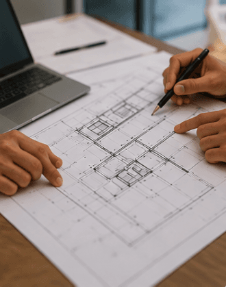 Hands drafting a customized lift proposal on paper