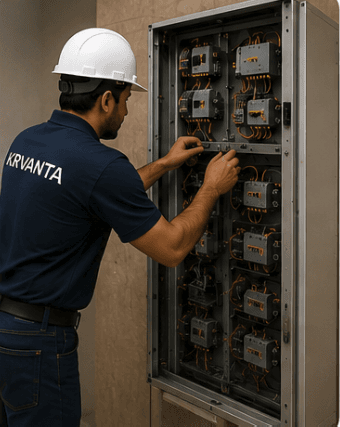 Technician servicing the lift control panel